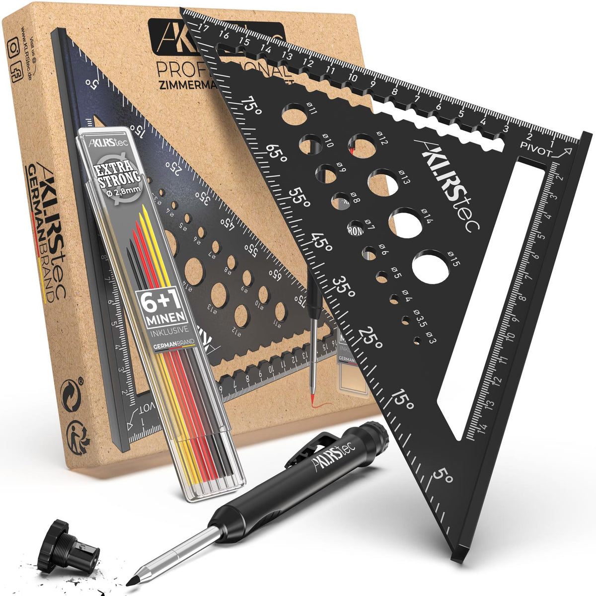 Praktisches Zimmermannswinkel Set inklusive Tieflochmarker und Ersatzmienen